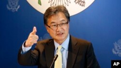 FILE - U.S. special envoy for North Korea policy Joseph Yun speaks to media in Bangkok, Thailand, Dec. 15, 2017. Yun, a 30-year veteran of the U.S. foreign service who retained quiet contacts with North Korea amid the Trump administration’s turbulent first year, is retiring as Washington and Pyongyang step up considerations for formal diplomatic talks.