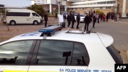 Photo courtesy of Eye Witness News (EWN) shows Gauteng Flying Squad vehicle waiting to escort Gupta wedding guests to Sun City, Waterkloof Airforce Base, near Pretoria, April 30, 2013.