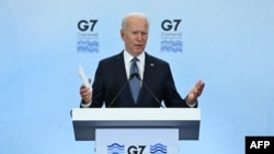 US President Joe Biden takes part in a press conference on the final day of the G7 summit at Cornwall Airport Newquay, near Newquay, Cornwall on June 13, 2021. (Photo by Brendan Smialowski / AFP)