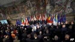Leaders of the European Union wait for the start of a meeting in the Orazi and Curiazi Hall at the Palazzo dei Conservatori during an EU summit in Rome, March 25, 2017. European Union leaders were gathering in Rome to mark the 60th anniversary of their f
