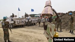 United Nations troops protect civilians in Jonglei state in April. 