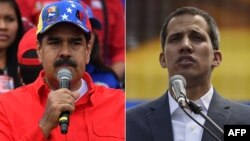 FILE - This combination of photos shows Venezuelan President Nicolas Maduro (L) delivering a speech in Caracas, Feb. 2, 2019, and opposition leader Juan Guaido addressing a gathering of supporters in Caracas, Feb. 2, 2019.