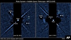 Two images, taken about a week apart by NASA&#39;s Hubble Space Telescope, show four moons orbiting the distant, icy dwarf planet Pluto