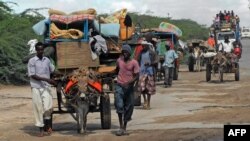 Warga mengangkut barang-barang dengan kereta yang ditarika keledai, untuk dibawa ke pinggiran Mogadishu yang dibawah kendali pasukan pemerintah (foto: ilustrasi). 