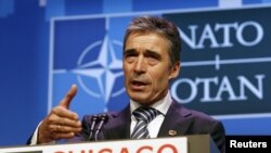 Secretary General of NATO Anders Fogh Rasmussen holds a news conference on the second day of the NATO Summit in Chicago, May 21, 2012.