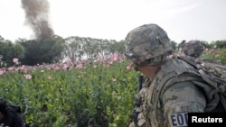 A U.S. Army Explosive Ordnance Disposal Technician from 5-20 infantry Regiment attached to 82nd Airborne looks at an intentional detonation of an explosive device in Zharay district in Kandahar province, southern Afghanistan, April 26, 2012. 