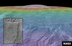 Braided fluvial channels (inset) emerge from the edge of glacial deposits roughly 210 million years old on the martian volcano Arsia Mons, nearly twice as high as Mount Everest. (Colors indicate elevation.)