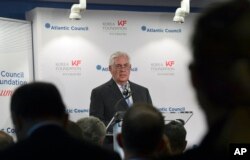 Secretary of State Rex Tillerson speaks at the 2017 Atlantic Council-Korea Foundation Forum in Washington, Dec. 12, 2017.