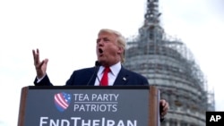 Republican presidential candidate Donald Trump speaks at a rally organized by Tea Party Patriots in on Capitol Hill in Washington, Sept. 9, 2015, to oppose the Iran nuclear agreement. 