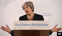 Prime Minister Theresa May delivers a speech on Britain's exit strategy from the European Union, at Mansion House, London, March 2, 2018.