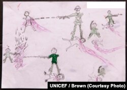 FILE - A drawing by a Rohingya boy, Abdul, reveals the horrific experiences he endured while fleeing from Myanmar to Bangladesh, at a child-friendly space at the Balukhali makeshift refugee camp in Cox’s Bazar district, Bangladesh, Oct. 2, 2017.