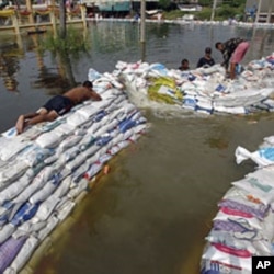 Soldiers use sand bags to build barriers in flooded Pathum Thani province, in Bangkok's suburbs October 20, 2011.