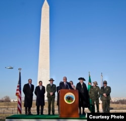 Philanthropist David Rubenstein speaks at the reopening of the Washington Monument in 2014, after it was damaged in an earthquake. (Credit: National Park Service)
