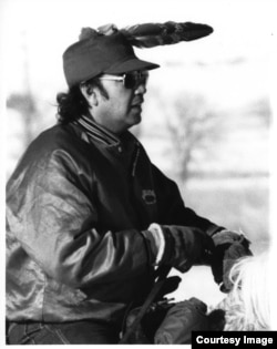 Photo of former president of the Oglala Lakota Nation Alex White Plume, taken during the second annual Big Foot Memorial Ride,1987. Courtesy: S. Ramona White Plume