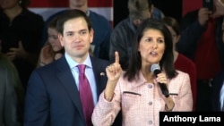 Gov. Nikki Haley, R-South Carolina, right, campaigns with Republican presidential candidate Sen. Marco Rubio, R-Florida, in Greenville, South Carolina, Feb. 18, 2016.