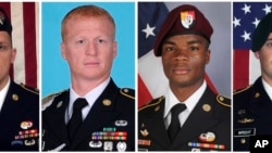 These images provided by the U.S. Army show, from left, Staff Sgt. Bryan C. Black, 35, of Puyallup, Wash.; Staff Sgt. Jeremiah W. Johnson, 39, of Springboro, Ohio; Sgt. La David Johnson of Miami Gardens, Fla.; and Staff Sgt. Dustin M. Wright, 29, of Lyons, Ga.