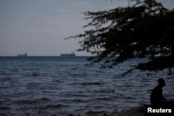 A man sits under a tree as two vessels are seen in the bay of Port-au-Prince, Haiti, April 12, 2019.