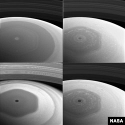 This collage of images from NASA's Cassini spacecraft shows Saturn's northern hemisphere and rings as viewed with four different spectral filters.