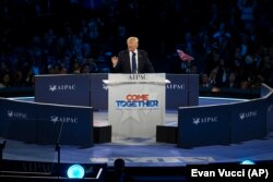 FILE - Republican presidential candidate Donald Trump speaks at the 2016 American Israel Public Affairs Committee (AIPAC) Policy Conference at the Verizon Center in Washington, March 21, 2016.
