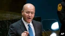 Iraqi President Barham Salih addresses the 74th session of the United Nations General Assembly, Wednesday, Sept. 25, 2019, at the United Nations headquarters.
