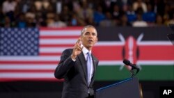 Presiden Barack Obama berpidato di Safaricom Indoor Arena di kawasan Kasarani, Nairobi, Kenya Minggu, 26 Juli 2015.
