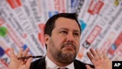 Opposition populist leader Matteo Salvini gestures during press conference at the Foreign Press association, in Rome, Feb. 13, 2020. 