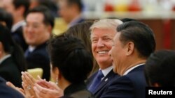 Presiden Amerika Donald Trump dan Presiden China Xi Jinping menghadiri jamuan makan malam kenegaraan di the Great Hall of the People di Beijing, 9 November 2017.