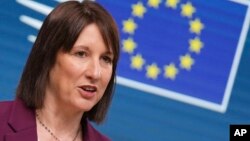 FILE -Britain's Chancellor of the Exchequer Rachel Reeves speaks during a media conference after a meeting of eurogroup finance ministers at the European Council building in Brussels, Dec. 9, 2024. 
