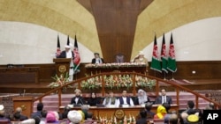 Afghan President Ashraf Ghani speaks during the inauguration of the country's new parliament in Kabul, Afghanistan, April 26, 2019.