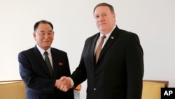 Kim Yong Chol, mantan kepala intelijen militer Korea Utara dan salah satu pembantu terdekat Kim Jong-un (kiri) dan Menteri Luar Negeri AS Mike Pompeo di New York, Kamis, 31 Mei 2018. (Foto AP / Seth Wenig).