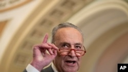 Senate Minority Leader Chuck Schumer of N.Y., speaks about the coronavirus with reporters on Capitol Hill, March 3, 2020, in Washington.