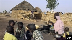 A Nigerien woman cooks millet paste as children eat breakfast from a shared bowl in the village of Tamou, 60 kilometers outside Niamey, Niger, Feb 2010 (file photo)