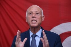 Tunisian presidential candidate and law professor Kais Saied speaks during a press conference in Tunis, Sept. 17, 2019.