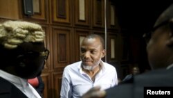 FILE - Indigenous People of Biafra leader Nnamdi Kanu at the federal high court in Abuja, Nigeria Jan. 20, 2016. 