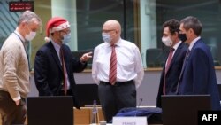 Ambassadors to The European Union gather ahead of a special meeting of The Committee of the Permanent Representatives of the Governments of the Member States to the European Union in Brussels on Dec. 25, 2020. 