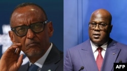 This combination of pictures shows Rwanda's President Paul Kagame (L) during the World Economic Forum Special Meeting in Riyadh on Apr. 8, 2024 and President of the Democratic Republic of the Congo Felix Tshisekedi, Apr. 29, 2024. 