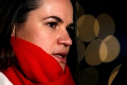 FILE - Belarus opposition leader Sviatlana Tsikhanouskaya speaks to the media in Berlin, Dec. 14, 2020.