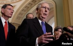 FILE - U.S. Senate Majority Leader Mitch McConnell (R-KY) speaks to Capitol Hill reporters in Washington, U.S., Jan. 15, 2019.