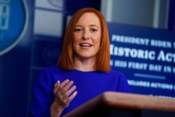 White House press secretary Jen Psaki speaks during a press briefing at the White House, Jan. 20, 2021, in Washington.