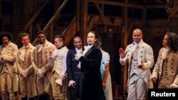 FILE - Lin-Manuel Miranda, actor and creator of the play "Hamilton," addresses the audience after the play's opening night on Broadway in New York, Aug. 6, 2015.