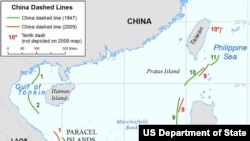 A map showing differences in China's maritime claims in the South China Sea, based on maps created by China in 1947 and 2009.