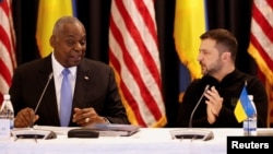 FILE - U.S. Defense Secretary Lloyd Austin and Ukrainian President Volodymyr Zelenskyy are pictured at a meeting of the Ukraine Defense Contact Group at Ramstein Air Base in Germany, Sept. 6, 2024. A group meeting is slated during the first full week of January 2025.