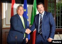 Italian Interior Minister Matteo Salvini meets with Hungarian Prime Minister Viktor Orban in Milan, Italy, Aug. 28, 2018.