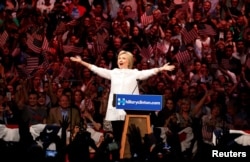 Hillary Clinton speaks at a rally held in the Brooklyn, New York after learning she had won enough delegates to be the first-ever woman to win the nomination to run for the presidency.