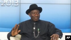 President Nigeria Goodluck Jonathan, dalam Pertemuan Tahunan Forum Ekonomi Dunia ke-43 di Davos, Swiss, 23 Januari 2013. (AP Photo/Michel Euler)