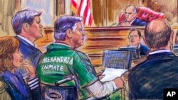 Sketsa persidangan mantan manajer kampanye Donald Trump, Paul Manafort (tengah), saat pembacaan vonis di hadapan Hakim T.S. Ellis III di Alexandria, Virginia, 7 Maret 2019.
