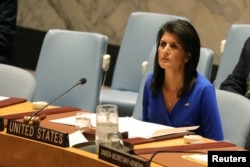 U.S. Ambassador to the United Nations Nikki Haley sits during a meeting at the United Nations Security Council on Syria at the United Nations Headquarters in New York City, NY, April 5, 2017.