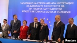 Participants pose for a picture during the International Conference for Stronger Integration in the Balkans in Sofia, Bulgaria, Dec. 7, 2017.
