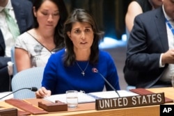 U.S. Ambassador to the United Nations Nikki Haley speaks during a Security Council meeting at United Nations headquarters, Aug. 28, 2018.