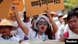 Activists protest against government-backed amendments to Myanmar's protest law, in Yangon, Myanmar, March 5, 2018.